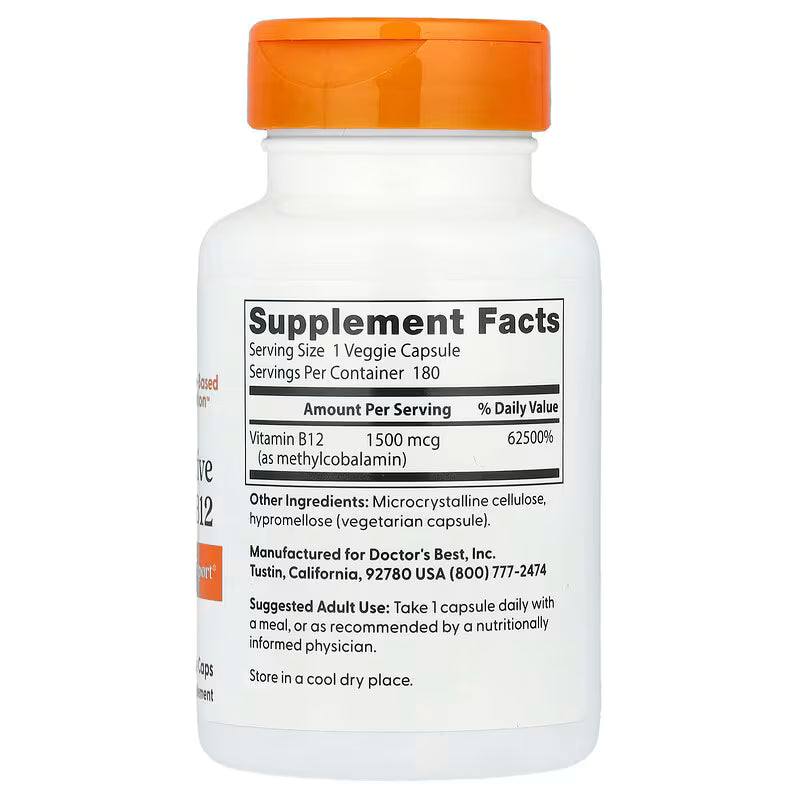 Doctor’s Best – Fully Active Vitamin B12 (Methylcobalamin), 1500 mcg, 180 Veggie Capsules