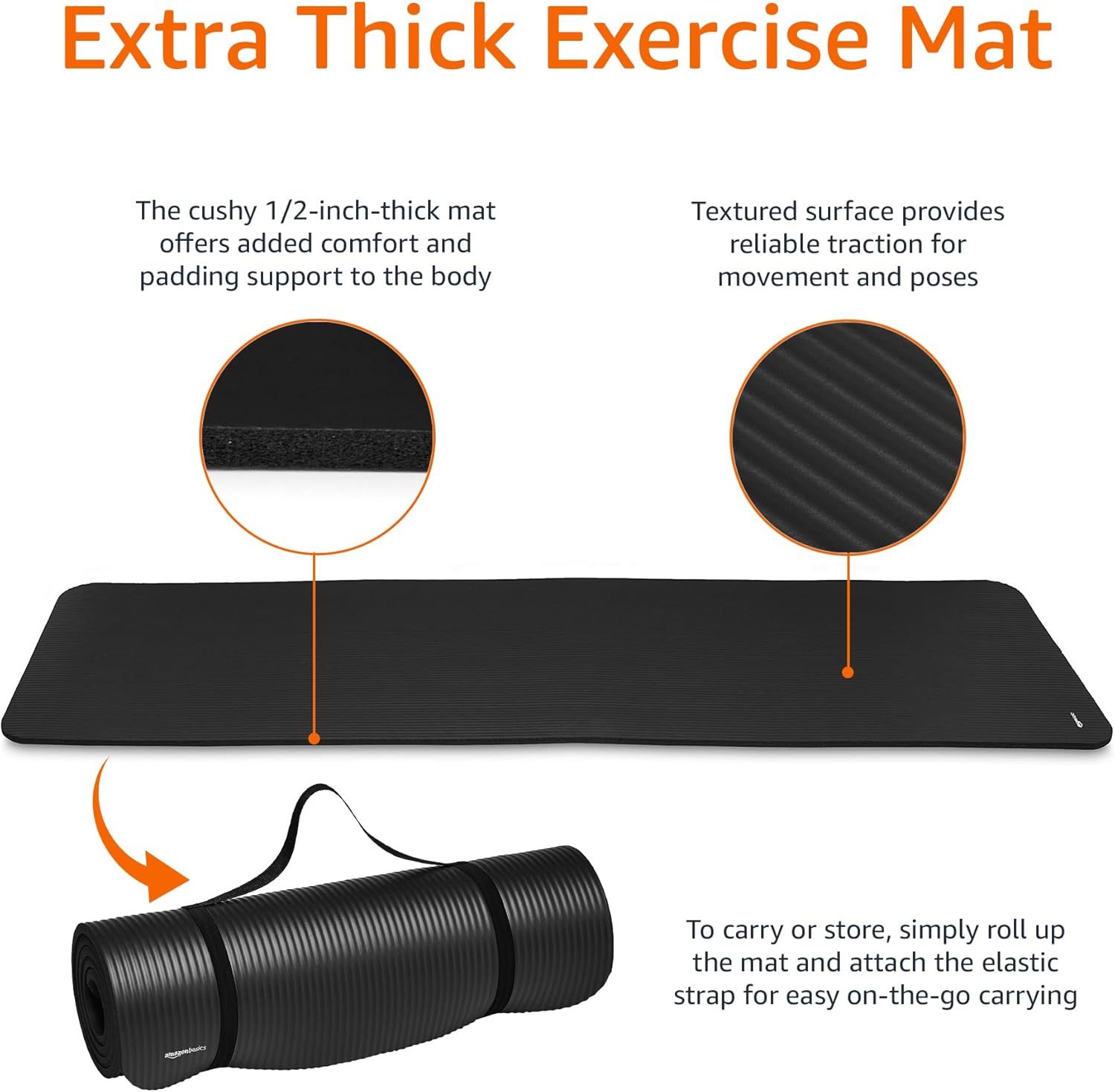 Amazon Basics 1/2 Inch Extra Thick Exercise Yoga Mat with Carrying Strap, Cushioned Support, for Fitness and Gym Workouts